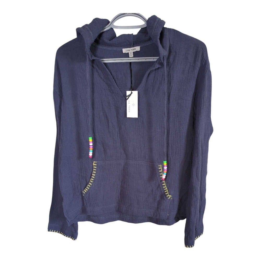 NWT Lisa Todd Pool Side Hoodie Cotton‎ Gauze Relaxed Fit Beads Hooded Size XS